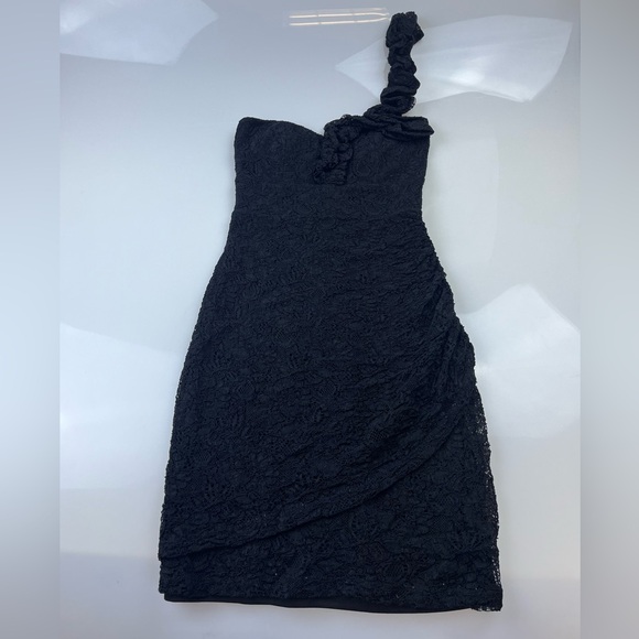 ModCloth Mystic Black Lace Sheath One Shoulder Dress Ruched N246-12 - Picture 2 of 7